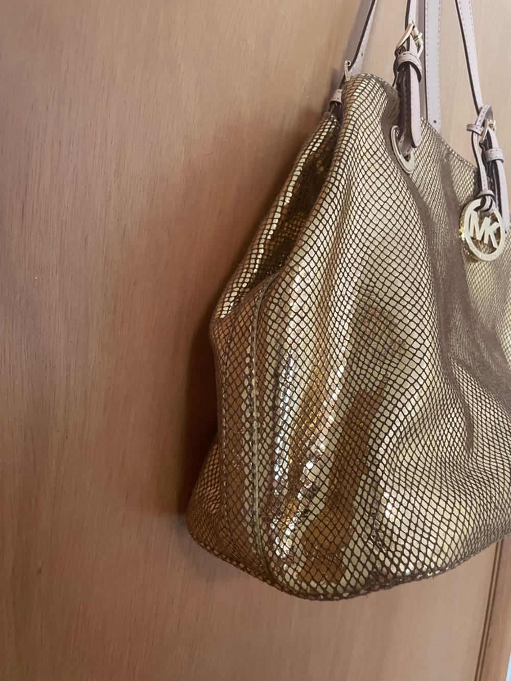 RARE Michael Kors Gold Sparkle ✨ Snake Leather Hobo Satchel Tote Shoulder Bag - Picture 6 of 14